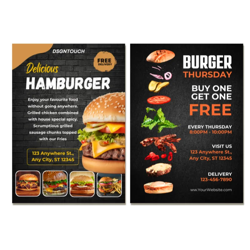 Hamburger restaurant promotion flyer template: 'Buy One Get One Free' Thursday offer with delivery details