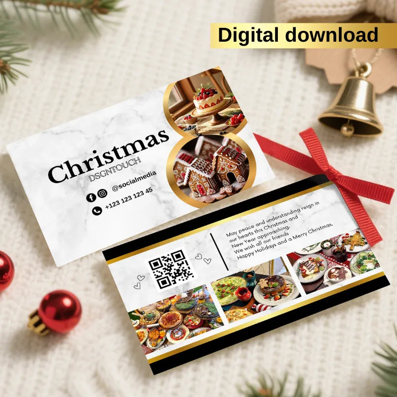 Christmas Bakery Template business card featuring festive designs and holiday treats, available for digital download.