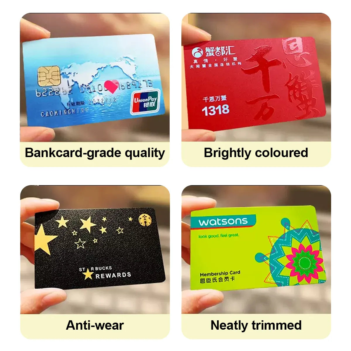 Collage of custom membership cards showcasing features: bankcard-grade quality, brightly coloured, anti-wear, and neatly trimmed