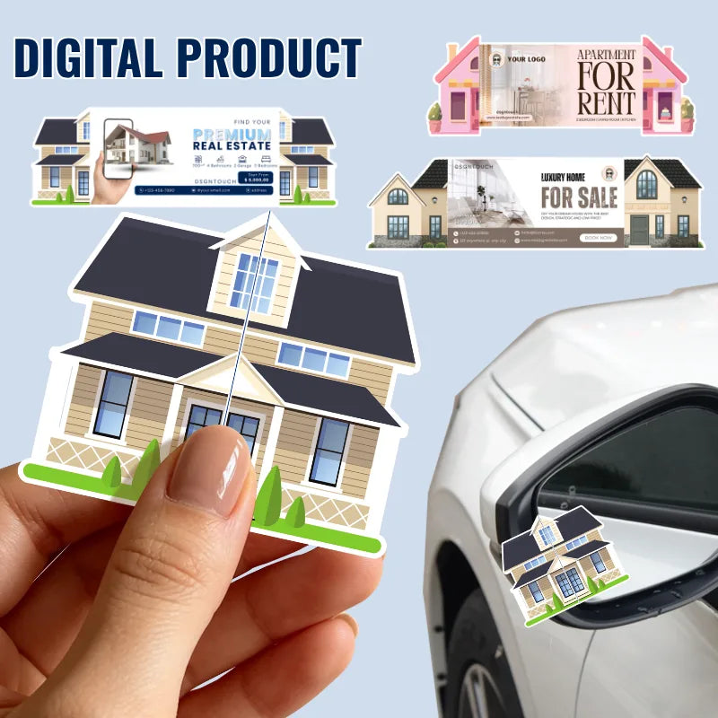 House-shaped digital card designs for property sales and rentals, with folded house card examples shown in a hand and on a car mirror.