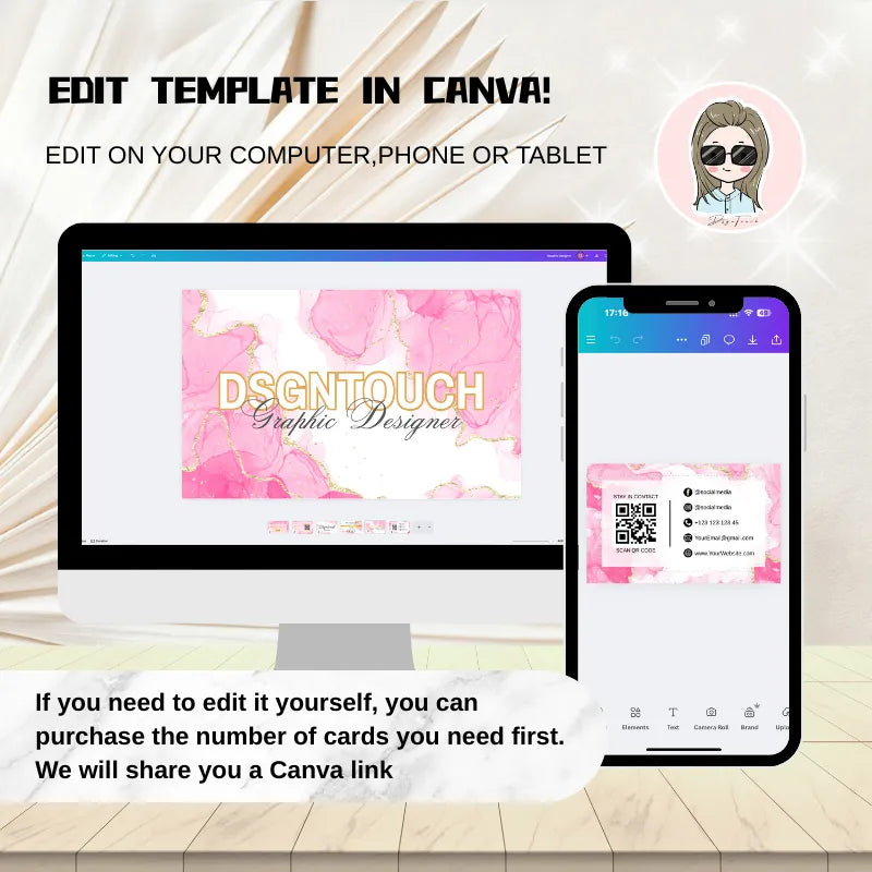 Elegant Business Cards template in Canva on computer and phone by DSGNTOUCH for easy editing.