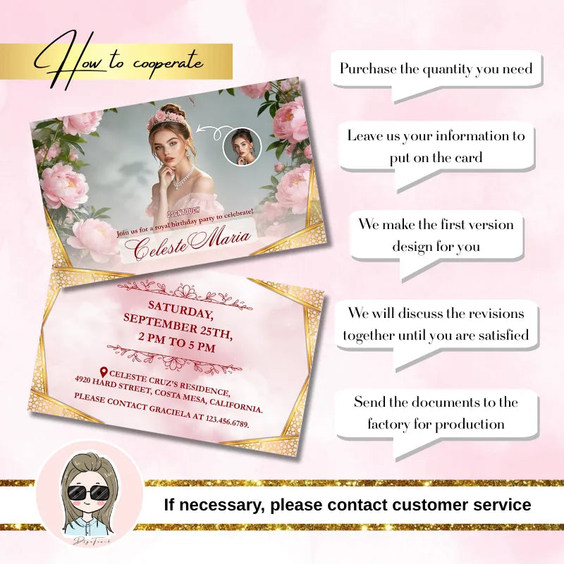 Step-by-step process to order pink birthday cards with free design and revision support