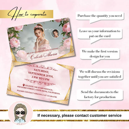 Step-by-step process to order pink birthday cards with free design and revision support