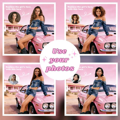 Replace the photo in your pink birthday invitation | AI face-swap service available