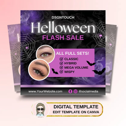Halloween card template for lash studios promoting a flash sale for eyelash sets.
