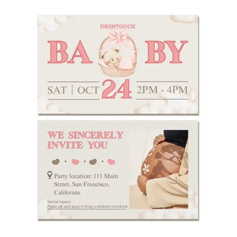Printable Baby Shower Invitations featuring cute baby design, date and time details for a celebration.