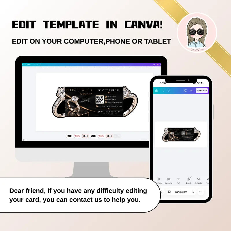 Ring-themed jewelry business card template displayed in Canva on a desktop computer and smartphone.