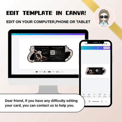 Ring-themed jewelry business card template displayed in Canva on a desktop computer and smartphone.