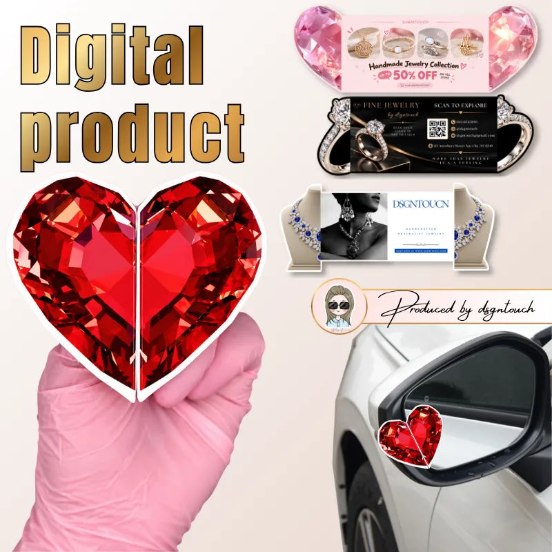 Jewelry business card design previews with gemstone, ring, and necklace imagery, alongside a red faceted heart-shaped card example.