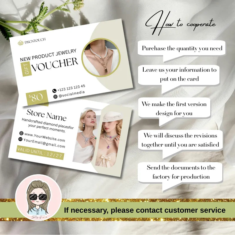 Detailed view of a luxury jewelry gift voucher and the step-by-step cooperation process for free custom design and printing services.