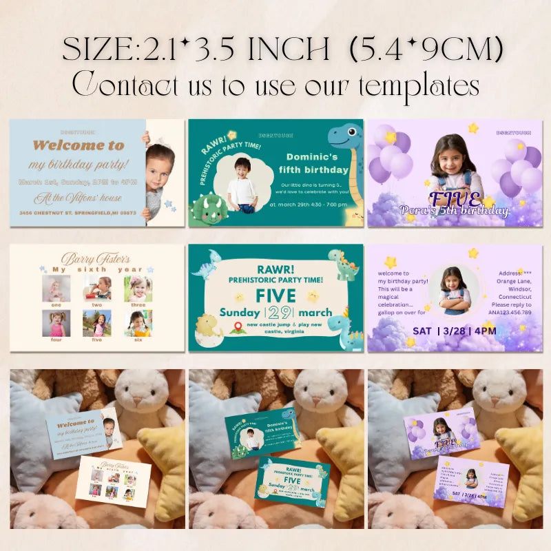 Multiple kids' birthday invitation card template examples, showing 5.4x9cm size.