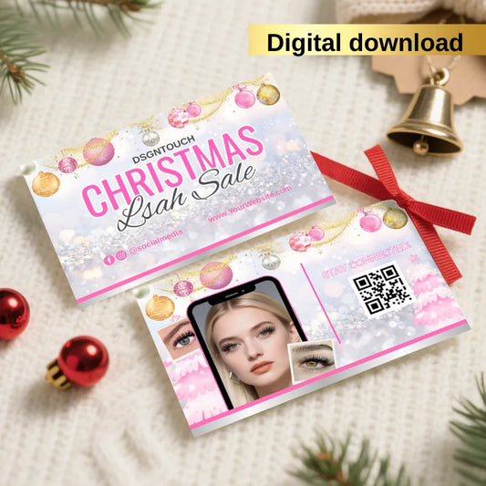 Editable Christmas business cards for lash studios featuring festive design and digital download option.