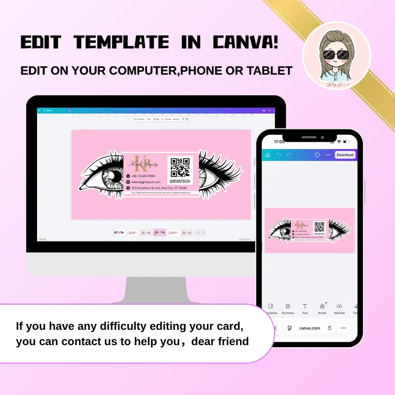 Eye-shaped lash business card template displayed in Canva on a desktop computer and smartphone