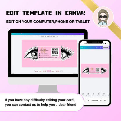 Eye-shaped lash business card template displayed in Canva on a desktop computer and smartphone