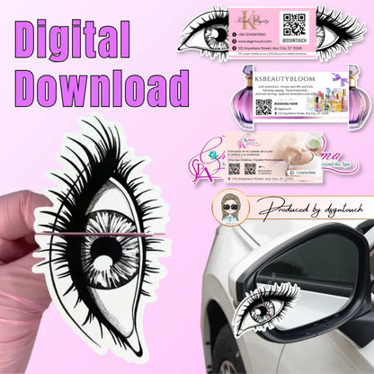 Digital lash business card template preview featuring eye-shaped artwork, a pink contact panel, and additional beauty card examples