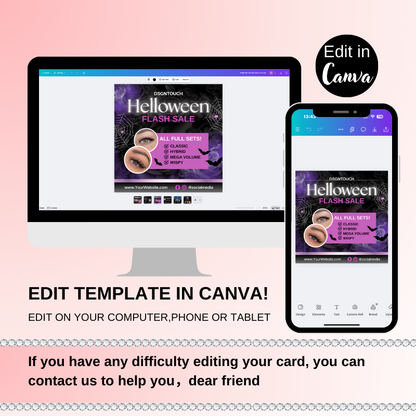 Halloween marketing template for lash studios featuring editable QR code for booking links and social media promotions