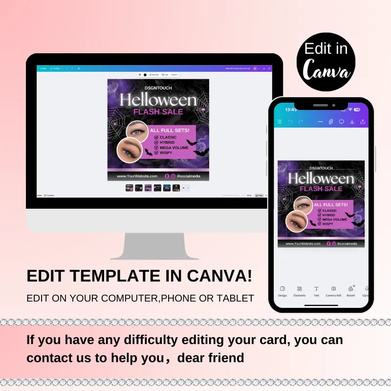 Halloween card template for lash studios displayed on computer and mobile devices, editable in Canva.