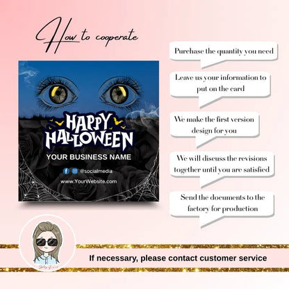 Halloween cards for lash studios design with cooperation steps and vibrant Halloween theme.