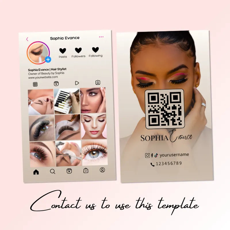 Lash technician template (Instagram profile + business card): showcases lash service portfolio, QR code, and contact details; text "Contact us to use this template".