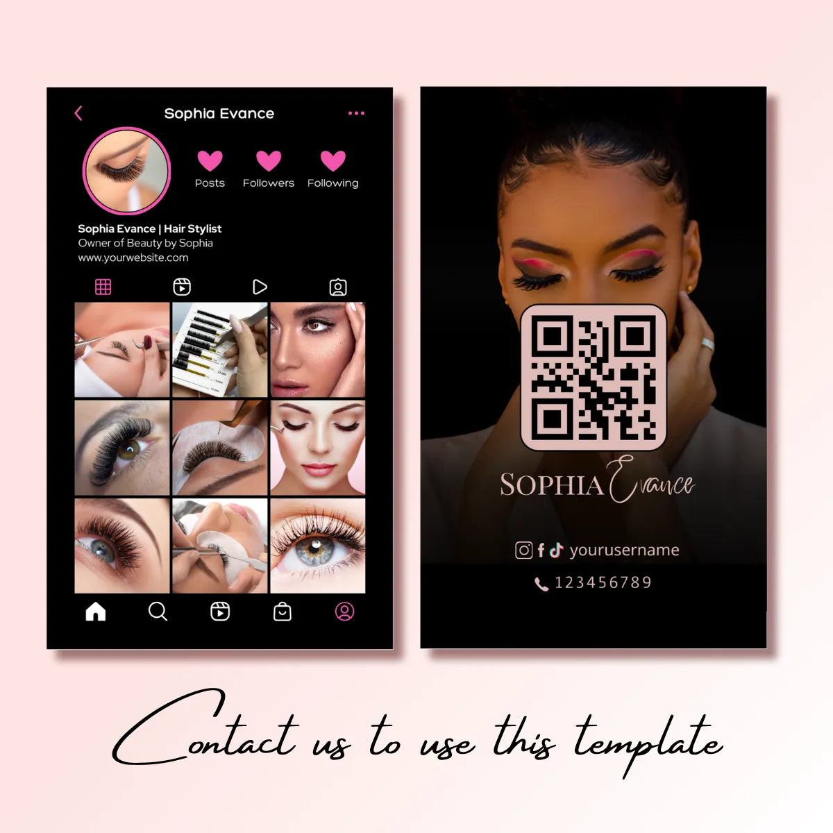 Lash technician business card + Instagram profile template: showcases lash service portfolio, QR code, and contact details; text "Contact us to use this template".