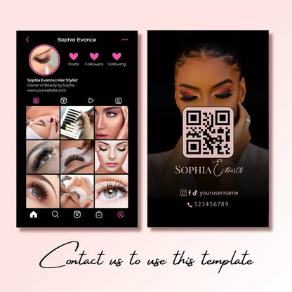 Lash technician business card + Instagram profile template: showcases lash service portfolio, QR code, and contact details; text "Contact us to use this template".