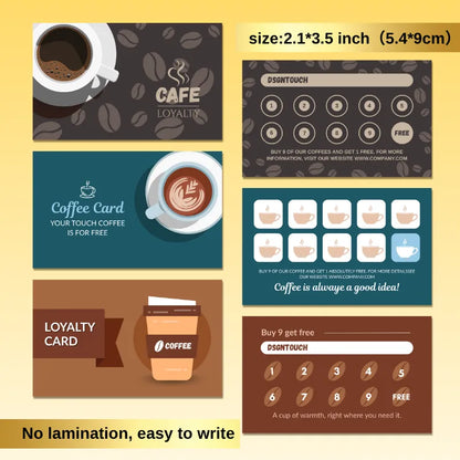 Multi-style coffee loyalty card templates: Collection of cafe reward cards (brown, dark, teal designs) with 'Buy 9 get 1 free' offers