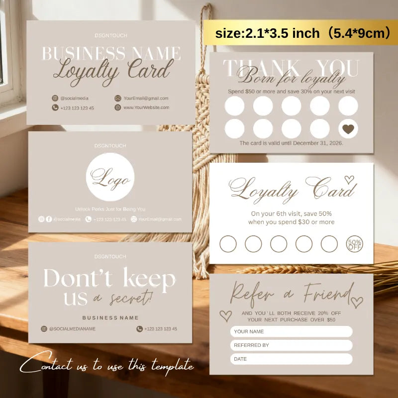 Custom loyalty stamp cards front design by DSGNTOUCH featuring business contact details and social media handles