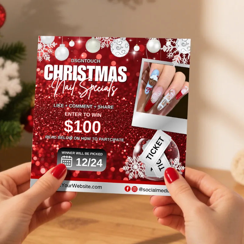 Red Christmas Cards promotion featuring nail designs and a contest to win $100.