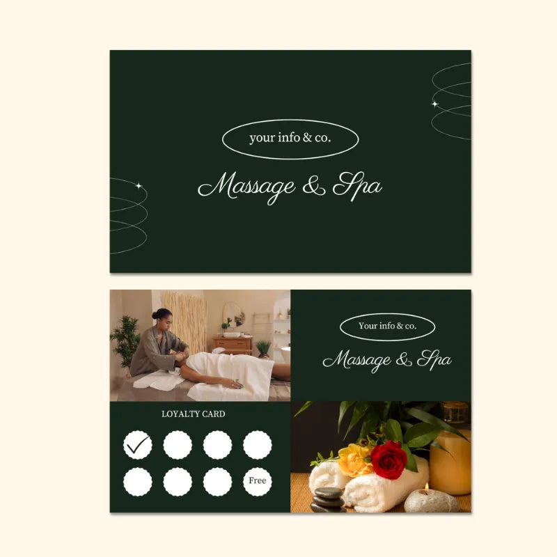 Premium loyalty card template designed for massage and wellness spas, with a sophisticated dark green color scheme, calming spa imagery, and dedicated stamp boxes for customer reward programs.