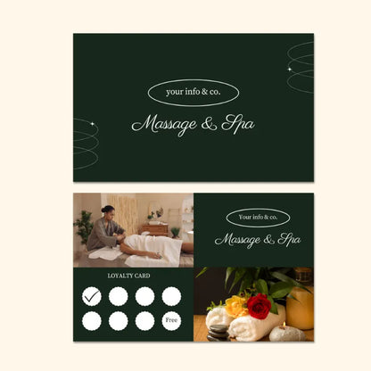 Premium loyalty card template designed for massage and wellness spas, with a sophisticated dark green color scheme, calming spa imagery, and dedicated stamp boxes for customer reward programs.