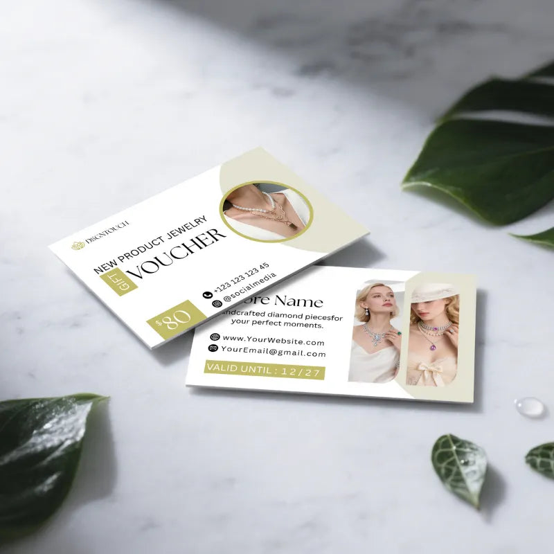 Jewelry business card displaying elegant design with contact details and product information.