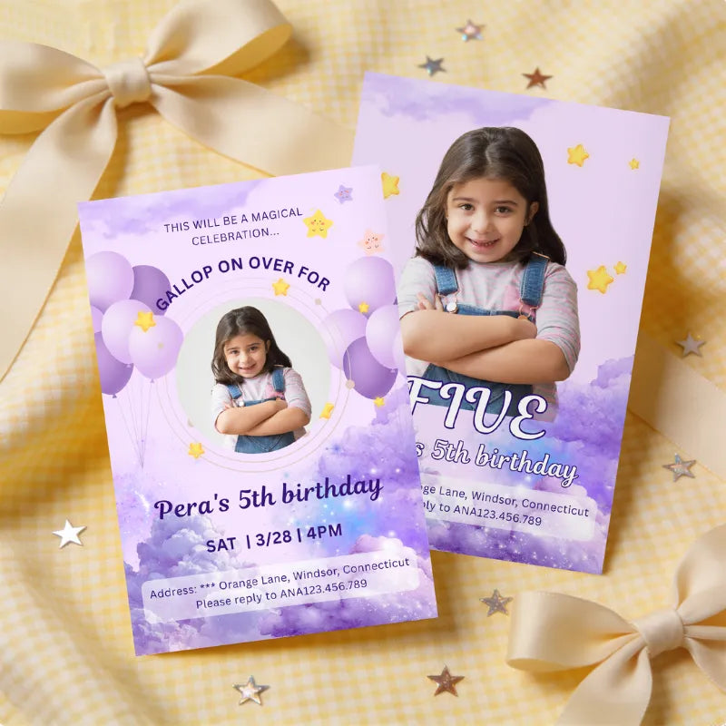 Magical fairy tale birthday invitation for girls. We offer free custom design services to also create pirate or nautical themed invitations.