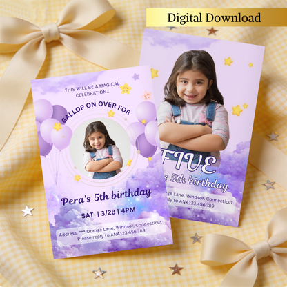 Whimsical fairy tale themed birthday card for kid girl invitation template, editable in Canva.