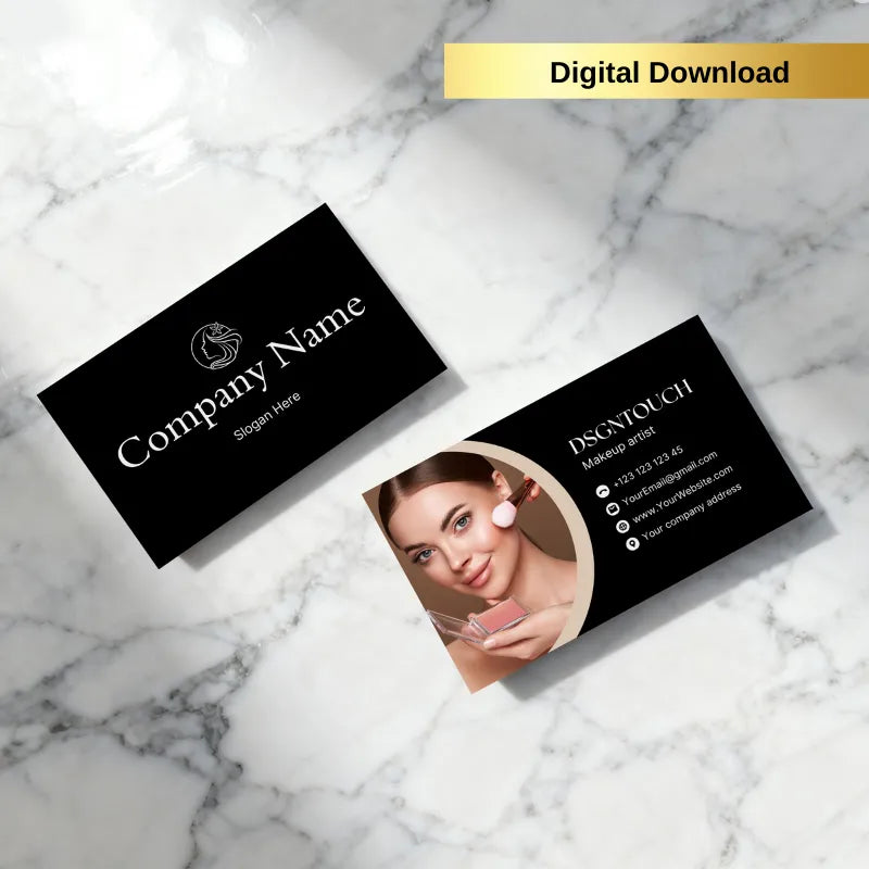 Makeup artist business card template with beige circular photo, digital download.