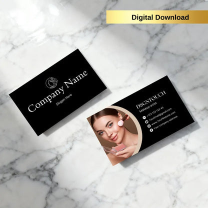 Makeup artist business card template with beige circular photo, digital download.