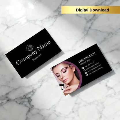 Makeup artist business card template with purple circular photo, digital download.