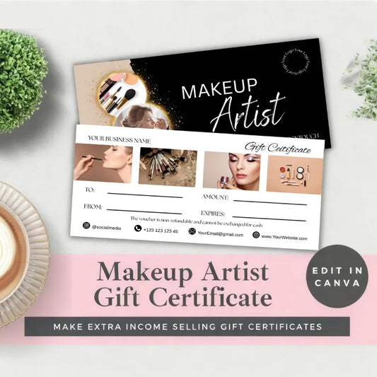 Makeup artist gift certificate mockup with beige & black gold design, editable in Canva. Digital download gift certificate ideas.