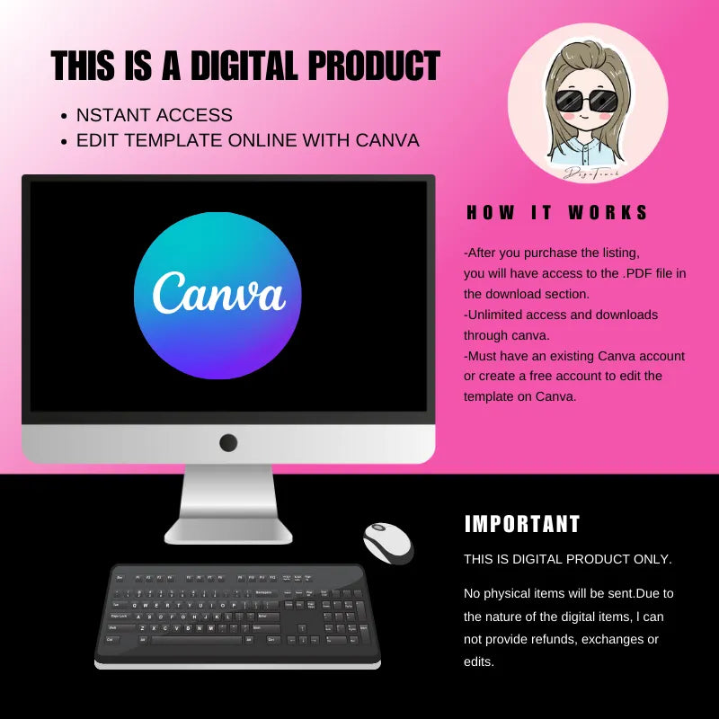 Digital Canva template information with computer, keyboard, and instructions on editing and purchase details.