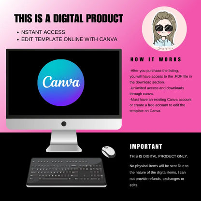 Digital Canva template information with computer, keyboard, and instructions on editing and purchase details.
