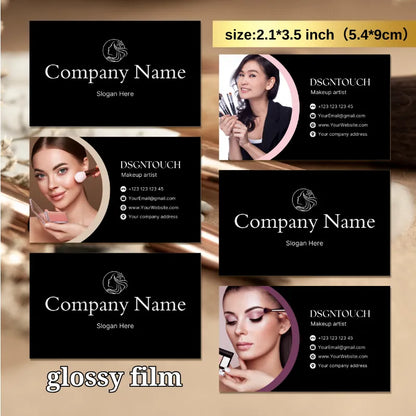 Set of glossy film makeup artist business cards, customizable with your details. Printable makeup business cards.