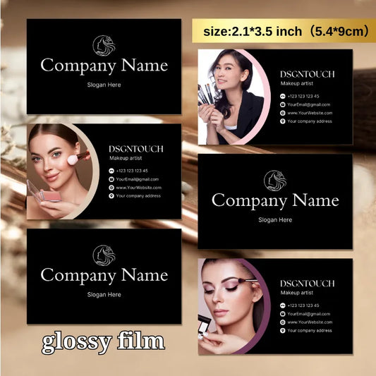 Set of glossy film makeup artist business cards, customizable with your details. Printable makeup business cards.