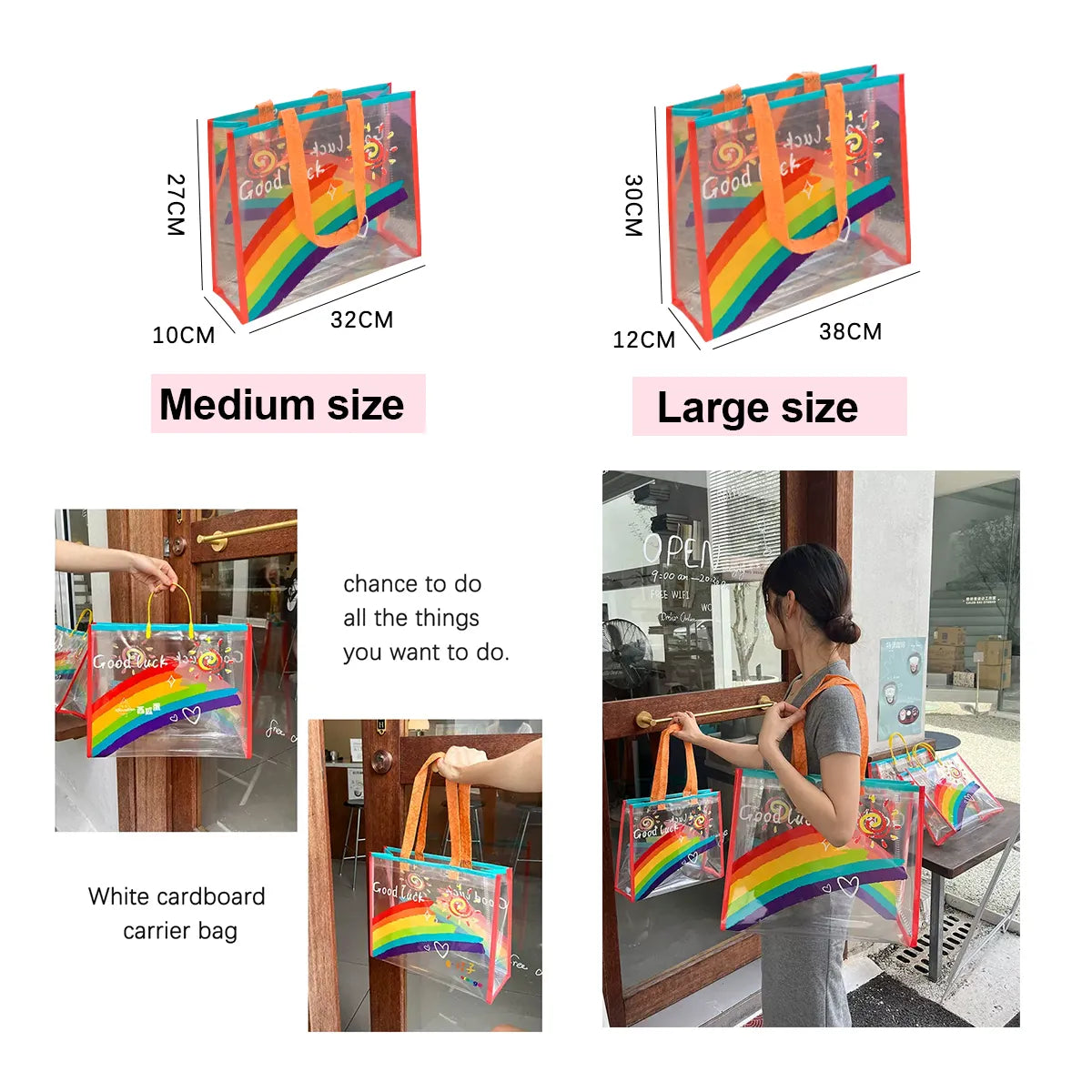 Size guide (medium: 32x27x10cm; large: 38x30x12cm) for rainbow-pattern clear tote bags, shown as a reusable cardboard carrier bag and carried by a person