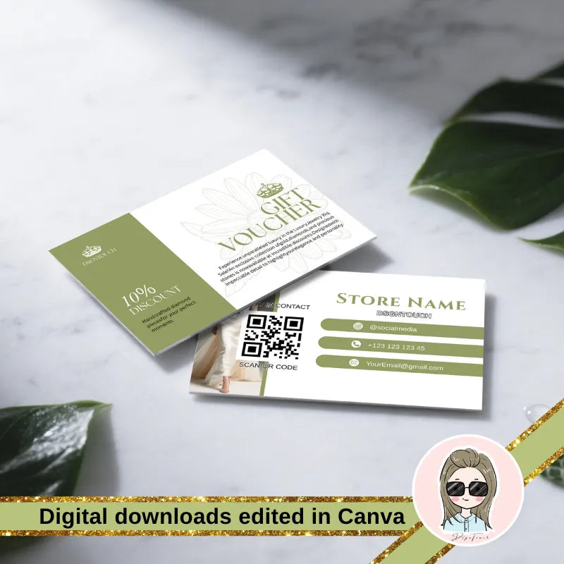 Jewelry Business Card Template featuring elegant design with green accents, editable in Canva for high-end branding.