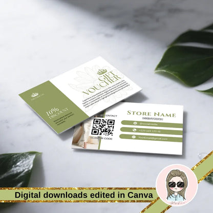 Jewelry Business Card Template featuring elegant design with green accents, editable in Canva for high-end branding.