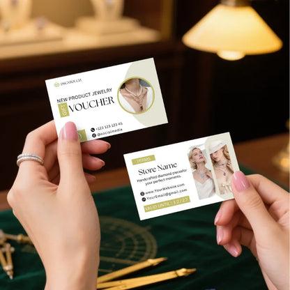Clean and minimalist jewelry business card and voucher design with terms, validity date, and contact information, printed on premium matte paper.