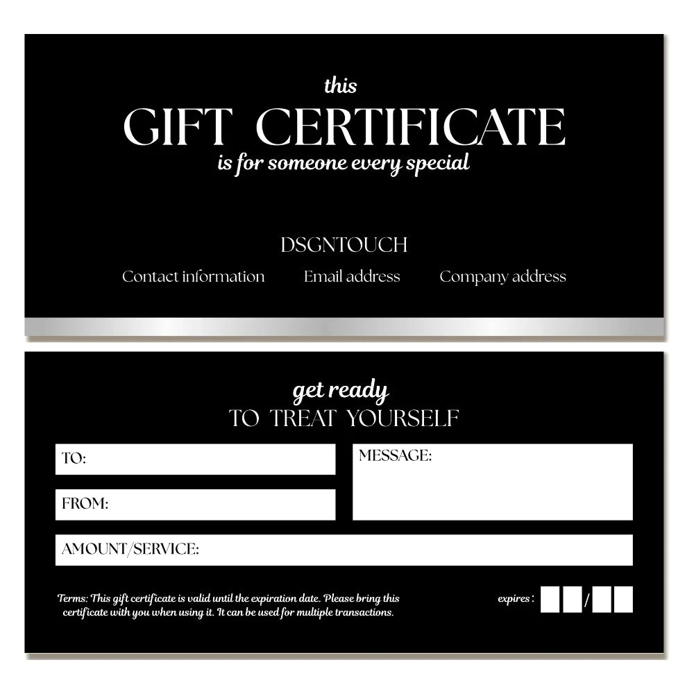 A clean, minimalist flat lay design of a salon gift certificate or voucher template with fields for personalization and terms.