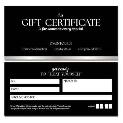 A clean, minimalist flat lay design of a salon gift certificate or voucher template with fields for personalization and terms.