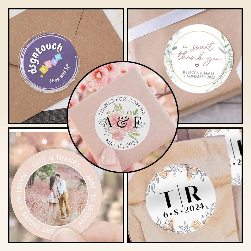 Custom sticker template collection for events: includes wedding "thank you" stickers, bridal shower labels, and brand shop stickers (featuring floral & photo designs).