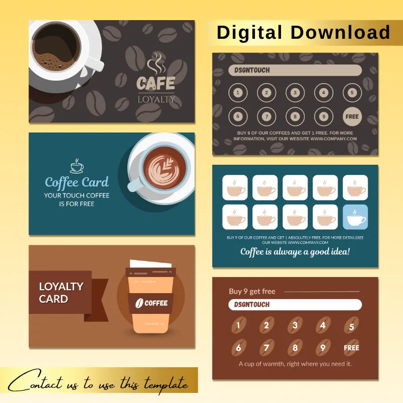 Multi-style coffee loyalty card templates (digital download): Collection of cafe reward cards with 'Buy 9 get 1 free' offers, available for customization