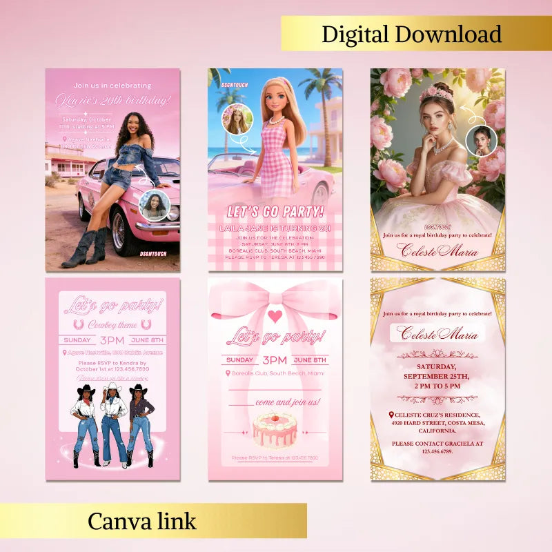 Variety of pink birthday card designs (cowgirl, Barbie, royal princess themes), editable Canva templates, instant digital download, 10x15cm size